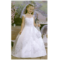 Lovely Ball Gown White Satin First Communion Dresses with Beaded Appliques