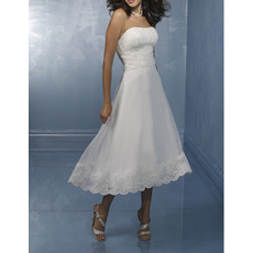 Alluring Strapless Tea Length Organza Wedding Dresses with Lace Appliques