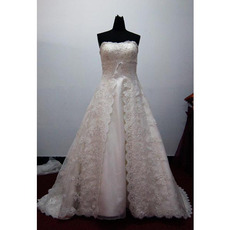 Alluring A-Line Strapless Court Train Satin Lace Beading Wedding Dress with Split Front