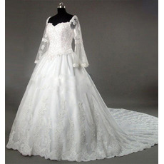 Gorgeous Beading Appliques Tulle Over Satin Wedding Dresses with Long Bell Sleeves