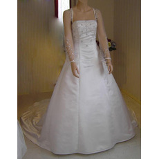A-Line Beaded Appliques Court Train Plus Size Satin Wedding Dresses with Long Sleeves