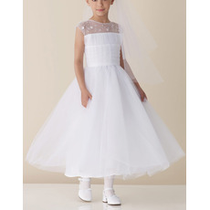 A-line Sleeveless Ankle Length Tulle Beading First Communion Dresses