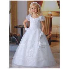 Classic Princess White Organza First Communion Dresses with Short Puff Sleeves and Embroidery