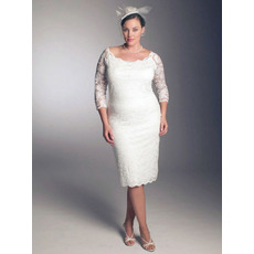 Elegant Sheath/ Column Round Knee Length 3/4 length Sleeves Lace Plus Size Wedding Dresses