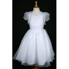 Princess Ball Gown V-Neck Ankle-length Organza First Communion Dresses with Jacket and Beaded Appliques