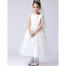 Lovely A-line Scoop Neckline Tea Length Organza First Communion Flower Girl Dresses with Beaded Appliques