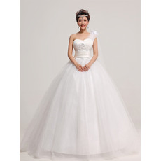 Popular Satin Organza One Shoulder Ball Gown Floor Length Dresses for Spring Wedding