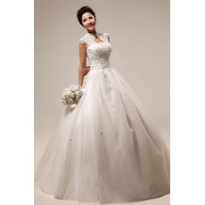 Elegant Mandarin Collar Lace A-Line Floor Length Satin Organza Wedding Dresses