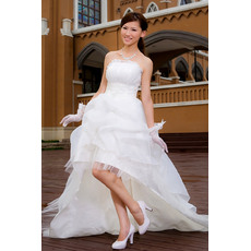 Inexpensive A-line Strapless Asymmetric High-Low Strapless Satin Organza Informal Wedding Dresses