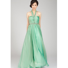 Pretty A-Line Halter V-neck Pleated Chiffon Evening Dresses with Beaded Waist