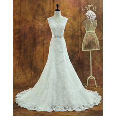 Romantic A-Line V-neck Long Length Lace Wedding Dresses with Crystal Beaded Belt