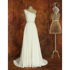 Elegant One Shoulder Full Length Summer Beach Chiffon Wedding Dresses with Crystal Beaded Waistband