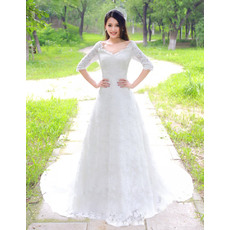 Elegance A-Line V-Neck Court Train Lace Wedding Dresses with Half Sleeves