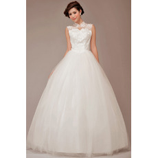 Custom Beaded Appliques High Neckline Ball Gown Tulle Wedding Dresses with Keyhole Cutout