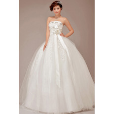 Gorgeous Rhinestone Beaded Appliques Strapless Ball Gown Tulle Wedding Dresses with 3D Flowers