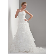 Modern A-Line Strapless Ruched Bodice Chiffon Wedding Dresses with Exquisitely Layered Organza Skirt