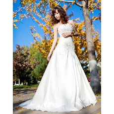 Graceful A-Line Beaded Appliques Satin Wedding Dresses with Side Draped