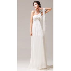 Ethereal Empire One Shoulder Full Length Chiffon Wedding Dresses with Beaded Detail