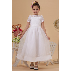 Classic Crew Neck Ankle Length Organza First Communion Dresses with Embroidery Beading and Short Sleeves