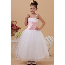 Inexpensive Simple Ball Gown Spaghetti Straps Tulle Ankle Length Flower Girl Dresses with Pleated Waist