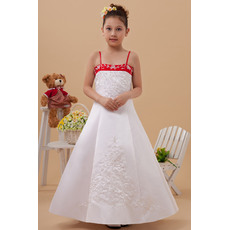 Beautiful Colored A-Line Spaghetti Straps Satin Embroidery Long Length Color Block Flower Girl Dresses