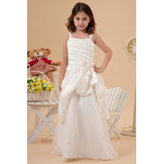 A-Line Beaded Wide Straps Satin Tulle First Communion Flower Girl Dresses with Layered Hi-low Skirt