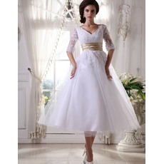 Pretty A-Line Double V-Neck Reception Wedding Dresses with Half Illusion Sleeves