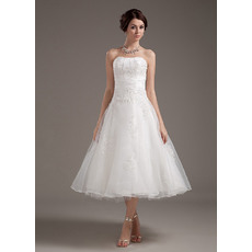 Alluring Beading Appliques Tea Length Organza Wedding Dresses with Slight Pleated Detail