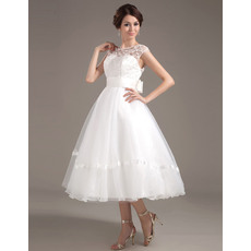 Pretty Low Back Tea Length Organza Wedding Dresses with Beaded Lace Bodice