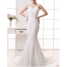Sexy Mermaid Sweep Train Lace Wedding Dresses with Beaded Appliques Neck and Waist