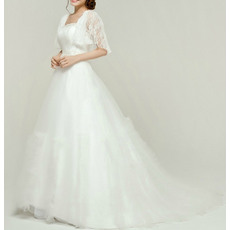 Affordable Ball Gown Tulle Wedding Dresses with Lace Bodice and Flutter Sleeves