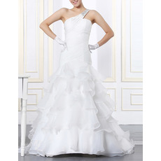 Romantic Beaded One Shoulder Sweep Train Organza Wedding Dresses with Tiered Skirt