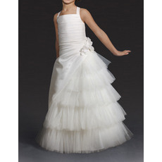 Beautiful Wide Straps Ivory Satin First Communion Flower Girl Dresses with Layered Tulle Skirt