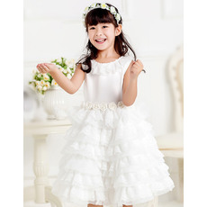 Pretty Ball Gown Round Short Lace Layered Skirt Flower Girl Communion Dress with Hand-made Flowers
