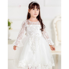 Pretty Custom Ball Gown Round/ Scoop Short First Communion Dresses with Long Lace Sleeves