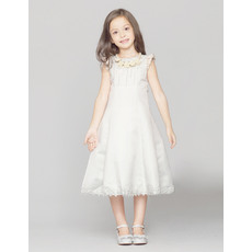 Cute Simple A-Line Round Neck Sleeveless Knee Length Satin First Communion Girls Dresses with Beaded Appliques