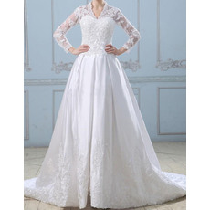 Vintage Beading Appliques A-Line V-Neck Winter Wedding Dresses with Long Illusion Sleeves