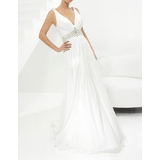 Sexy Sheath Court Train Chiffon Wedding Dresses with Beaded Waist and Plunging V-back