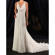 Sexy Sheath Double V-Neck Court Train Chiffon Wedding Dresses with Beaded Appliques Detail