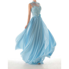 Perfect Illusion High-neck Pleated Chiffon Evening Dresses with Appliques Bodice