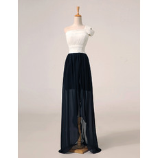Custom One Shoulder High-Low Chiffon Ivory/ Black Evening Dresses