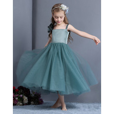 Discount Wide Straps Tea Length Satin Tulle Little Girls Holiday Dresses Under 100