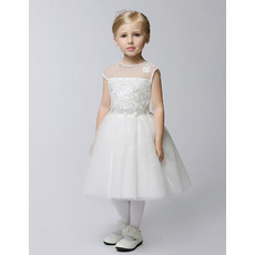 Plain Cute Ball Gown Jewel Neck Sleeveless Knee-length First Communion Flower Girl Dresses with Lace Appliques