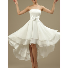 Casual Strapless High-Low Short Chiffon Reception Wedding Dresses with Bow and Lace Bust