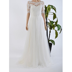 Elegant Illusion Neckline Tulle Over Satin Wedding Dresses with Appliques and Half Sleeves