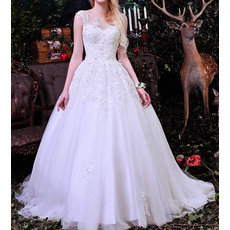 Feminine Illusion Sweetheart Neckline Ball Gown Tulle Wedding Dresses with Appliques Beaded