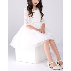Beautiful A-Line Beaded Round Neck Short Organza Lace Flower Girl Dresses with Half Sleeves