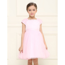 Cheap Simple Empire Short Pink Tulle Flower Girl Dresses with Cap Sleeves