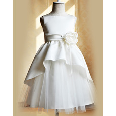Discount Floor Length Satin Tulle Girls First Communion Dresses with Split Front/ Cute Flower Girl Dresses