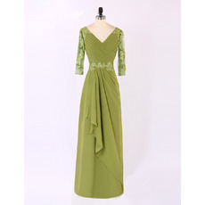 Modest V-Neck Long Appliques Chiffon Plus Size Mother of The Bride Dresses with 3/4 Long Sleeves and Front Ruffles